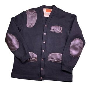 Vintage 50s skookum virgin wool/leather button front cardigan sweater men’s XL